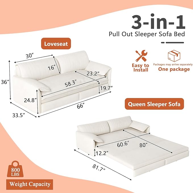 66-Inch Queen Size Convertible Sleeper Sofa Bed, 3-in-1 Pull-Out Futon Loveseat, Velvet Love Seat Couch with Side Pocket for Living Room, Office, Apartment, RV, Hide-A-Bed Fold Out Sofa&Couch