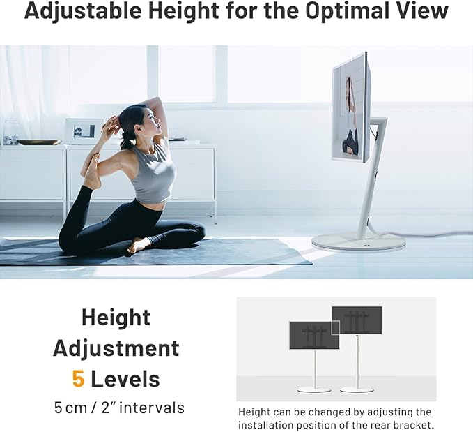 WALL Seven Stand A2 High | Rolling TV Stand for 24–55" w/ 37.4" Soundbar Shelf, 15.75" AV Shelf, HDD Holder, Cord Cover | Satin White | Portable TV Stand with Shelves | Living Room and Bedroom