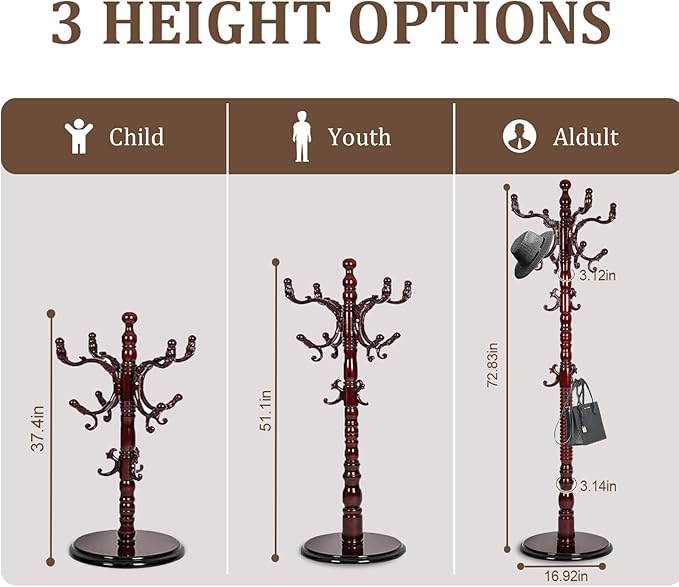 73”Vintage Wooden Coat Rack，With 14 Hooks and Sturdy Round Base.Sturdy and Durable Standing Coat Racks，Adjustable Wooden Freestanding Coat Rack for Corridors, Offices, Porch，Bedrooms (Mahogany)