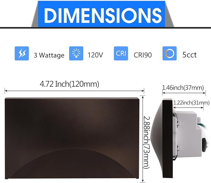 Energetic 5CCT 120V LED Indoor Outdoor Step Lights, 2700K/3000K/3500K/4000K/5000K Stair Lighting, 3W Dimmable LED Lights for Step Stair, CRI90, ETL Listed, IP65 Waterproof, Aluminum, Bronze, Pack of 6