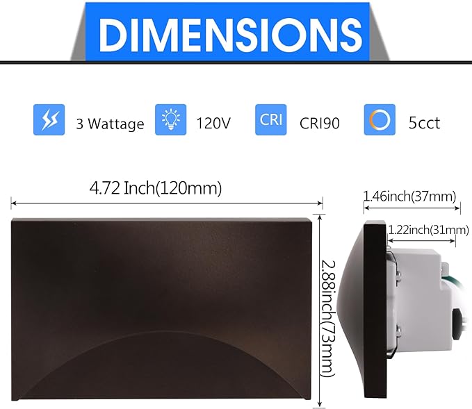 Energetic 5CCT 120V LED Indoor Outdoor Step Lights, 2700K/3000K/3500K/4000K/5000K Stair Lighting, 3W Dimmable LED Lights for Step Stair, CRI90, ETL Listed, IP65 Waterproof, Aluminum, Bronze, Pack of 4