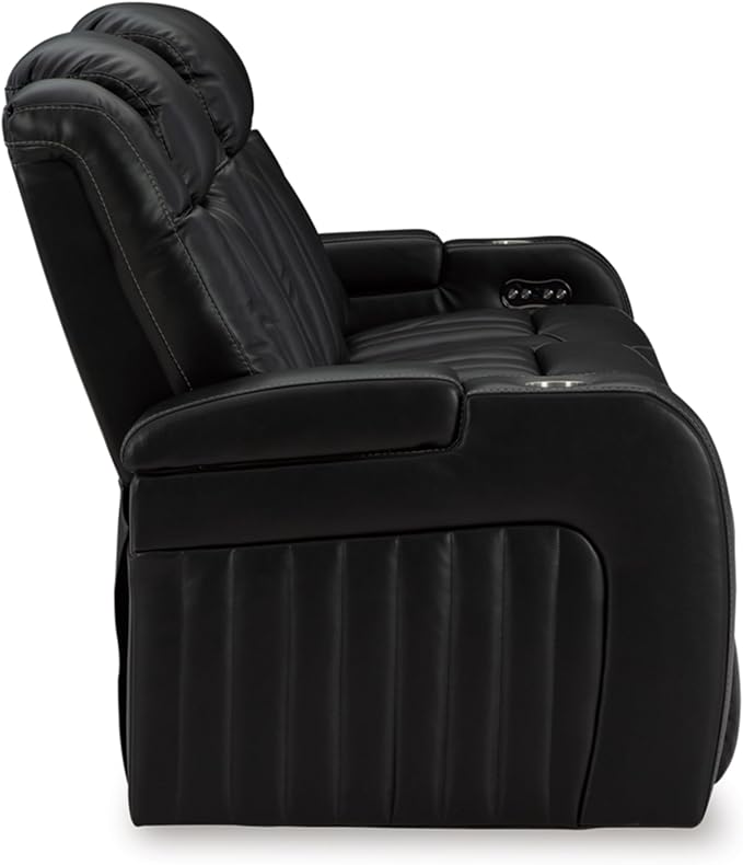 Signature Design by Ashley Caveman Den Modern Faux Leather Power Reclining Sofa with Adjustable Headrest, Drop Down Table, Electrical Outlets and LED Reading Lights, Black