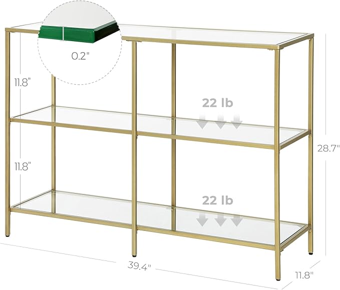 VASAGLE 39.4 Inch Console Table with 3 Shelves, Sofa Tables, Modern Entryway Table, Metal Frame, Tempered Glass Shelf, Entryway Living Room Bedroom, Metallic Gold and Transparent ULGT27G