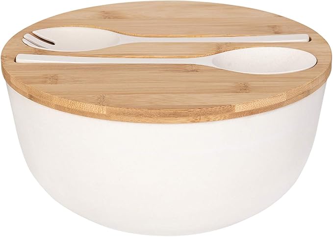GEHE Bamboo Salad Bowl with Servers Set - Large 9.8 inches mixing bowls Solid Bamboo Salad Wooden Bowl with Lid Spoon for Fruits,Salads and Decoration (White, 9.8INCH)