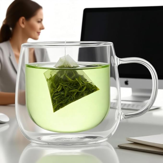 10oz Double Walled Glass Coffee Mugs Set of 2, Clear Insulated Mug for Cappuccino, Latte, Borosilicate Glass Cup, Heat & Cold Resistant Glasses