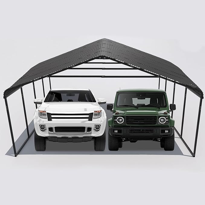 Heavy Duty 20x20 FT Carport Outdoor Yard Metal Carports Car Port for 2 Cars Galvanized Steel Roof & Frame Portable Garage Removable Sidewalls 20 x 20