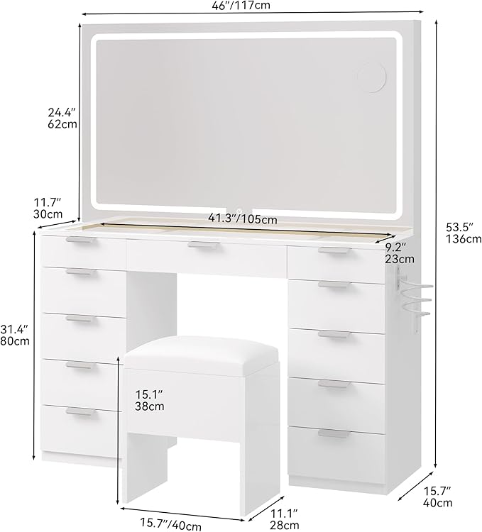 YITAHOME LED Makeup Vanity Table, Glass Top Vanity Desk with Hidden Storage Stool, Vanity with Built-in Power Outlets and USB Ports