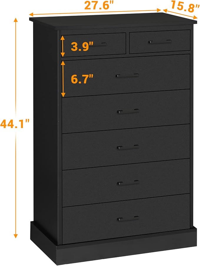 EPHEX Tall Dresser with 7 Drawers for Bedroom, Storage Tower Clothes Organizer, White Chest of Sturdy Pedestal, 27.6'' W x 15.8'' D 44.1'' H Black