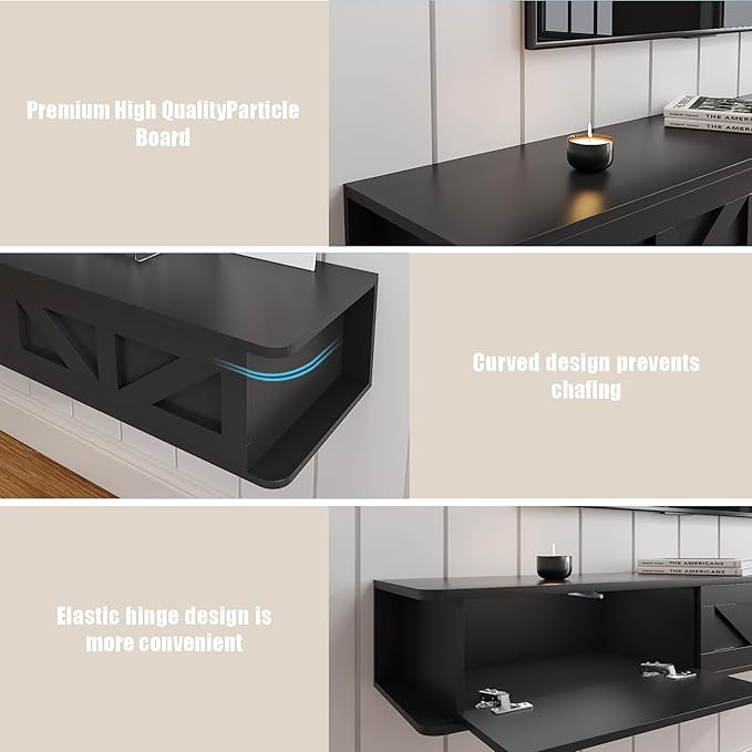 Black Floating TV Stand for 43 55 65 70 inch TV, Entertainment Center Media TV Console Shelf and Storage Drawers for Wall for Living Room Bedroom