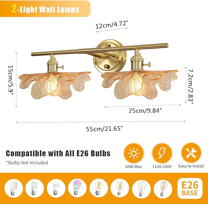 Bathroom Light fixtures Vintage Wall Sconce 2 Light Bathroom Vanity Light Gold Wall Sconce Lights Amber Glass Art Deco Vanity Lights Over Mirror for Bedroom Hallway Living Room