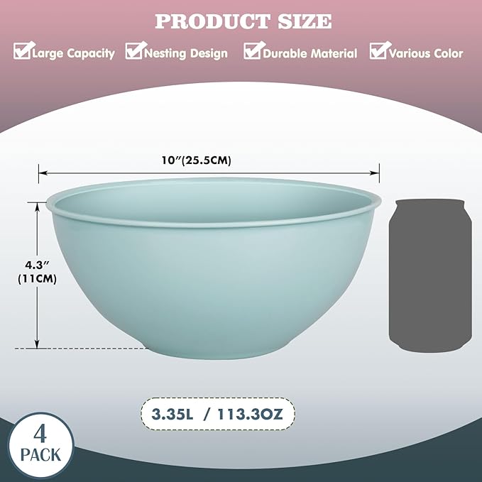 4-Piece Plastic Mixing Bowl Set, 113oz Lightweight Serving Bowls, Large Salad Bowls for Baking,Prepping, Cooking and Serving Food, Dishwasher & Microwave Safe