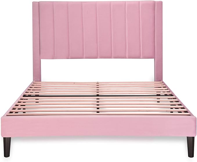 Allewie Queen Bed Frame/Velvet Upholstered Bed Frame with Vertical Channel Tufted Headboard/Strong Wooden Slats/Platform Bed Frame/Mattress Foundation/Box Spring Optional/Easy Assembly/Pink