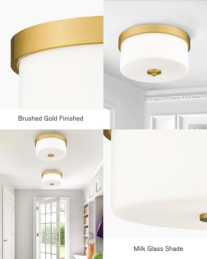 Emak 11 Inch Brushed Gold Flush Mount Ceiling Light Fixture, 2-Light Fixtures Ceiling Mount with Milk Glass Shades for Hallway, Kitchen, Bathroom, Dining Room, FM082-GD-ML