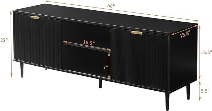 Okvnbjk Black TV Stand, Modern TV Consoles for Living Room 65+ Inch TV, Fluted Panel Media Console with Sliding Doors & Ajustable Shelves, Entertainment Stand with Storage Cabinets