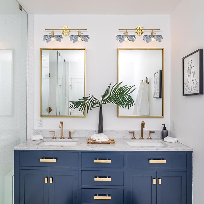 2 light bathroom vanity light gold brass wall sconce with Blue Flower Glass Shade mid century wall light vintage wall sconce art deco Bathroom Lights Over Mirror for Bedroom Hallway Living Room