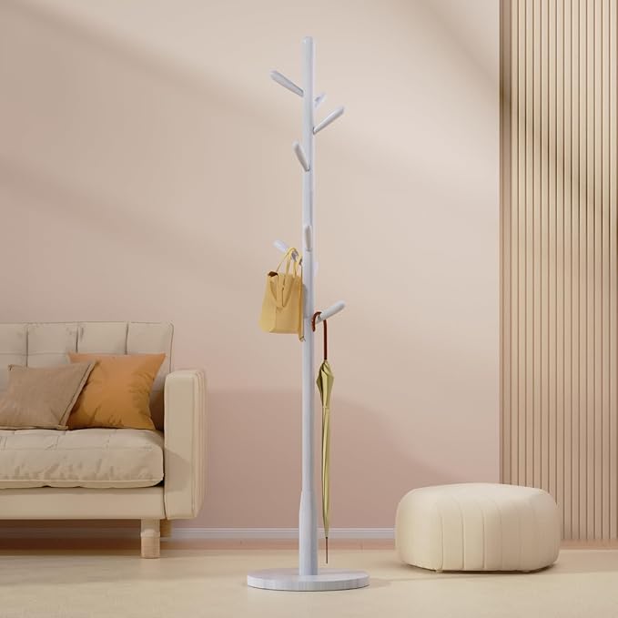 Solid Wood Round Base Coat Rack, Free Standing Hall Coat Tree with 8 Hooks（+2 spare for Coats, Hats, Bags, Purses, for Entryway, Hallway, Rubberwood Hooks,Base and Pole(Round Base,White)