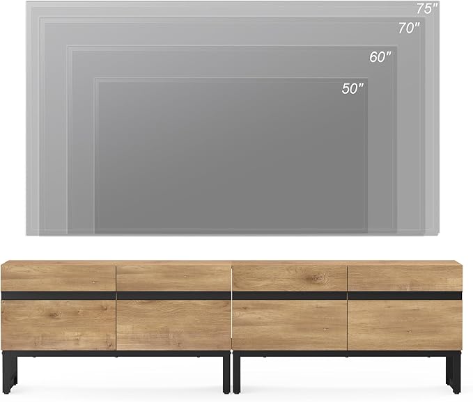 Wampat Modern TV Stand for 75 inch TVs, 2 in 1 Entertainment Center Console with Storage Cabinets, Oak Metal Base for Living Room