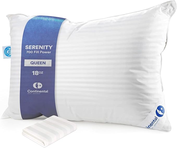 Continental Bedding | Serenity Goose Down Pillow | 700 Fill Power Hungarian White Down | 400TC Cotton Damask Shell | Made in USA | Soft, Queen with Protector
