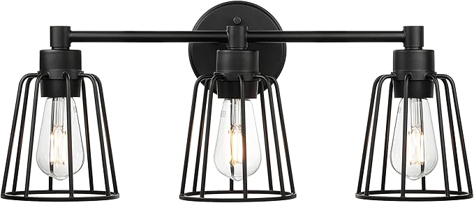 XiNBEi Lighting Farmhouse Bathroom Light Fixtures, 3 Light Bathroom Vanity Light, Industrial Metal Cage Sconces Wall Lighting in Matte Black Finish XB-W1287-3-MB