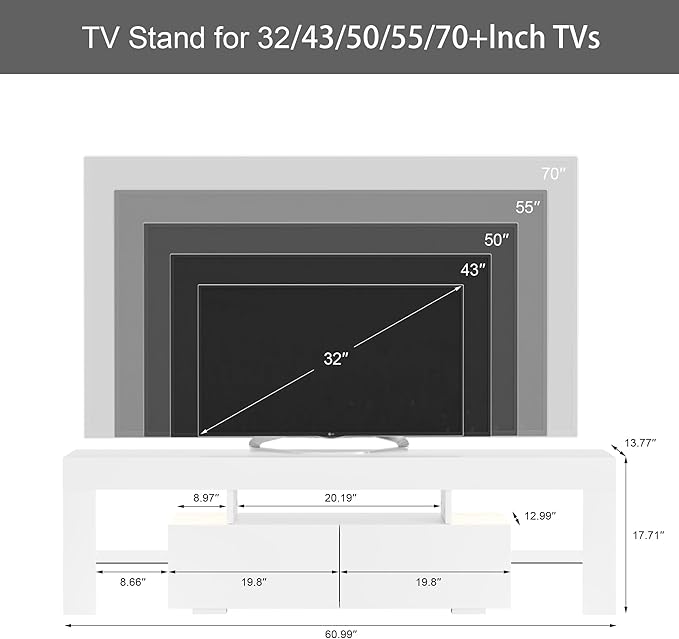 JUMMICO TV Stand, Modern Lighting TV Cabinet Entertainment Center Media and Open Shelf, TV Console Table with 1 Drawer and Remote Control, 20 Color LED Lights up to 70 Inch TV (White)