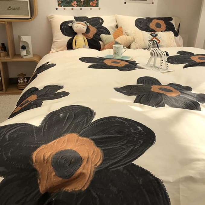 CLOTHKNOW Black Floral Twin/Twin XL Comforter Set Sunflower Bedding Comforter Sets Brown Plaid Comforter Boho Comforter with 2 x Pillow Cases