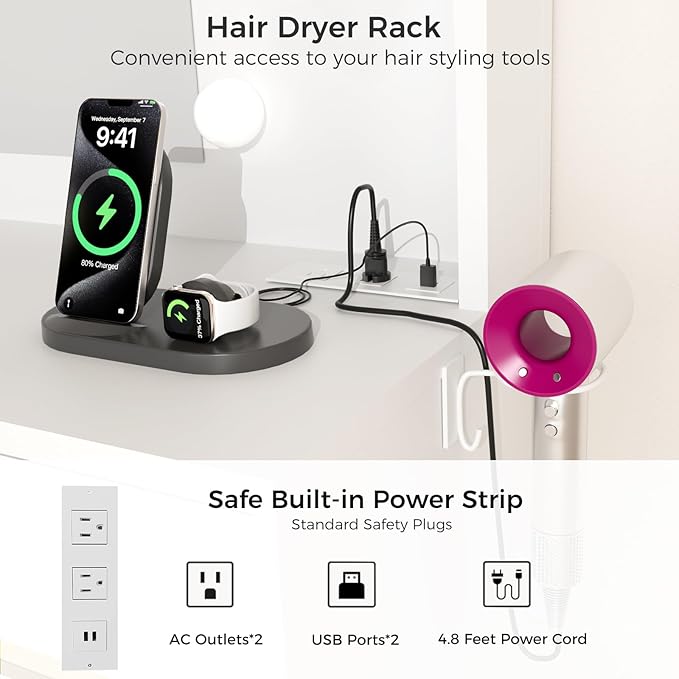 45” Vanity Desk with Mirror and Lights,10 Lights 3 Color Modes,Makeup Vanity Desk with 4 Storage Shelves 5 Drawers 1 Cabinet and Power Outlet,for Bedroom & Dressing Room,White vanitys