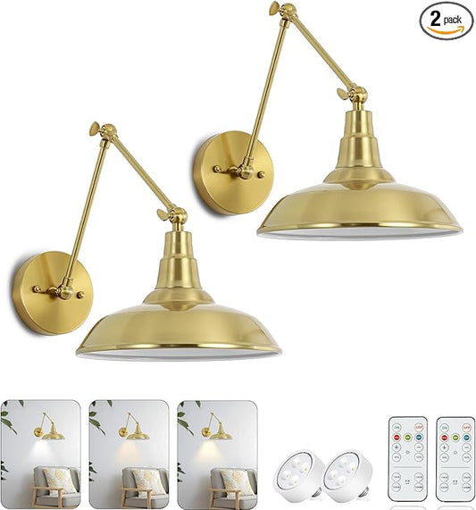 Gold Vintage LED Wall Sconce Set of 2, Wireless Battery Powered Wall Sconce with Remote Control, Dimmable Lighting for Bedroom, Hallway, Farmhouse Indoor Wall Sconce
