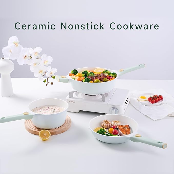 JEETEE Pots and Pans Set Non Stick 22pcs, Ceramic Cookware Set with Removable Handle, Healthy Kitchen Induction Cooking Pots Set with Detachable Handle, Oven Safe, PFAS & PFOA Free, Green, Beige