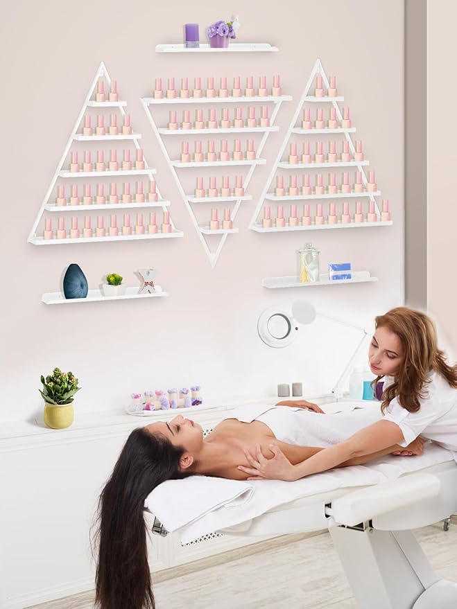 Lorvain Metal Wall-mounted Nail Polish Storage Racks White Triangular Display Rack 5 Tiers Cosmetic Display Cases Lipstick Perfume Wall Shelf Essential Oil Organizers for Home Spa Nail Salon Shop