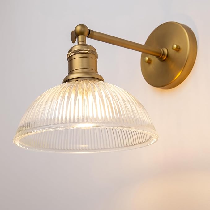 Yosoan Antique Brass Indoor Wall Sconce, 1-Light Modern Vanity Light Vintage Industrial Single Lamp Hardwired Clear Striped Bowl Glass Shade for Living Room Kitchen Bedroom Home Decor(Antique)