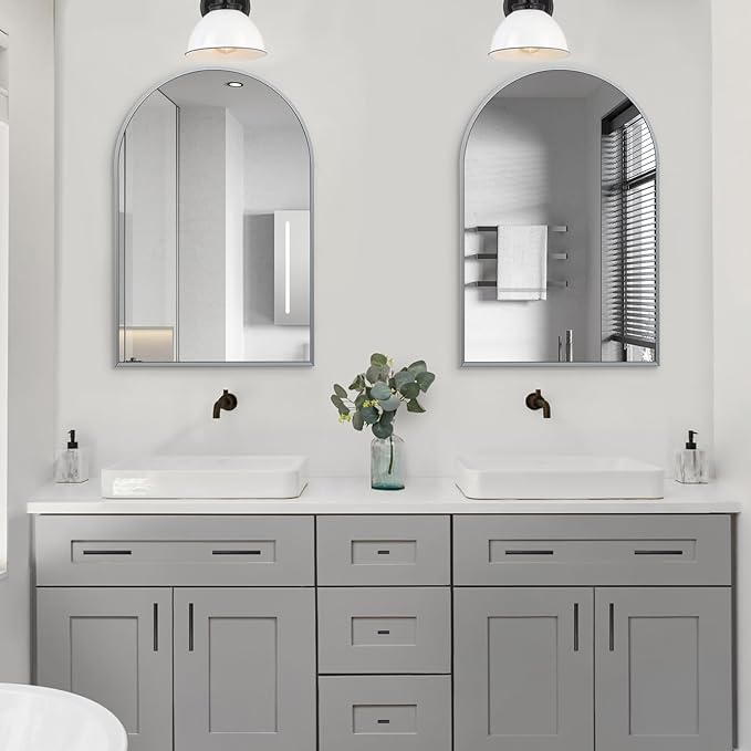 20" x 30" Silver Arched Mirror, Modern Aluminum Alloy Metal Frame, Arch Bathroom Vanity and Wall Decor Mirror for Bathroom, Living Room, Bedroom, Entryway