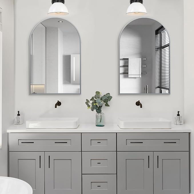 24" x 36" Silver Arched Mirror, Modern Aluminum Alloy Metal Frame, Arch Bathroom Vanity and Wall Decor Mirror for Bathroom, Living Room, Bedroom, Entryway