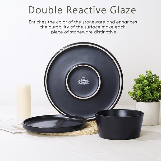 Herogo 24 Pieces Stoneware Dinnerware Set, Service for 8, Dinner Plates and Bowls Sets, Double Reactive Glaze Dishes Set for Kitchen, Scratch Resistant, Dishwasher Safe, Matte Black