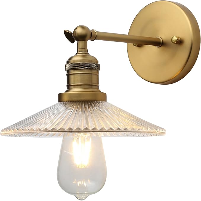 Industrial Vintage Wall Sconce 1-Light with Funnel Ribbed Clear Glass Shade, Indoor Wall Mounted Lamp Fixture for Living Room Bedroom Bathroom Over Kitchen Sink