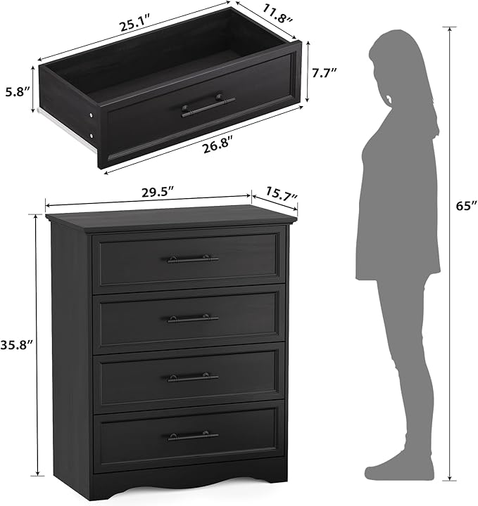 Black Dresser for Bedroom, 36" Tall 4 Drawer Dresser Chest with Sleek Brushed Metal Handles, Wood Storage Cabinet with Unique Base Design, Closet Organizer for Bedroom, Living Room, Hallway