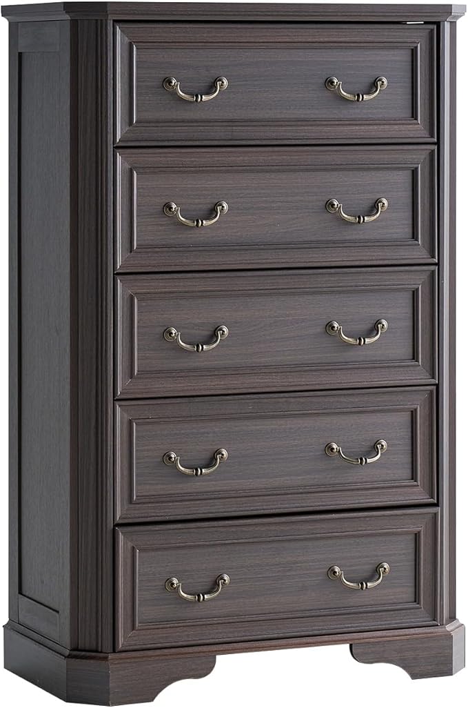 Farmhouse 48" Tall 5 Drawers Dresser for Bedroom, Wood Rustic Chest of Drawers with Corner Bevel Shape, Closet Storage Dressers Organizer for Bedroom, Living Room, Hallway, Dark Brown