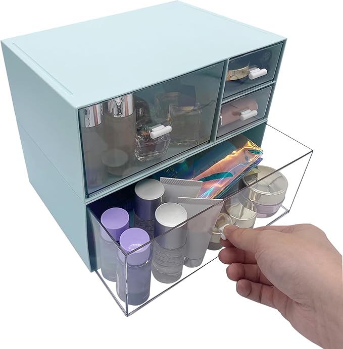 Desk Organizer with 4 Drawers, Makeup Organizer, Plastic Sundries Storage, Vanity Organizer, Cosmetic Storage Organizer, Desk Storage Box, Bathroom Counter or Dresser, Blue (CD-QBH-02)