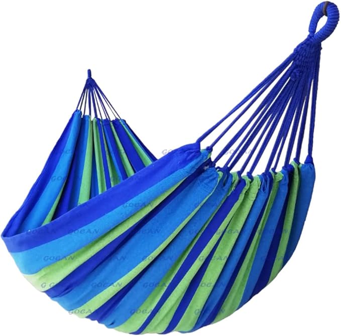 Brazilian Double Hammock 2 Person Extra Large Canvas 250x160cm Total Length 350cm Load 500lb Cotton Hammock for Garden Outdoor and Indoor Blue/Green(98 * 65'')