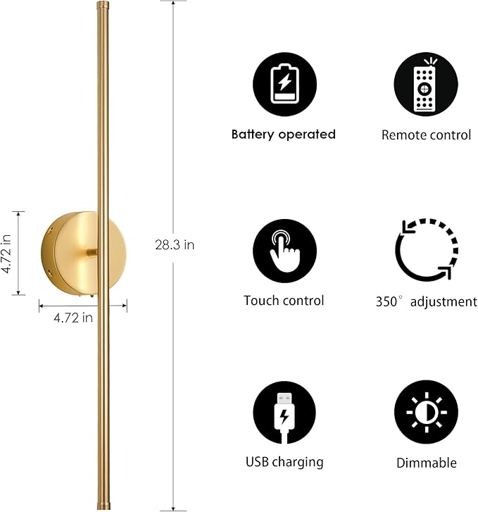 Battery Operated Wall Sconces with Remote Control, Dimmable Wall Sconces Set of Two, 350°Rotate, 3000K LED Gold Wireless Wall Light for Living Room, Bedroom, Hallway, 28.3 Inch (2 Pack)