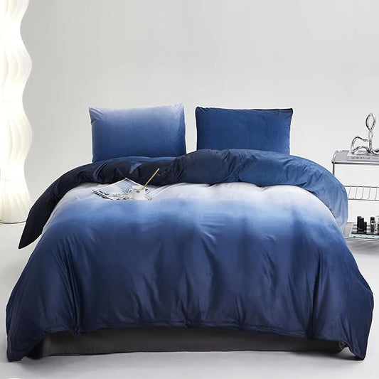 Luxlovery Blue Gradient Velvet Comforter Queen Fluffy Plush Flannel Bedding Set Queen Size Men Women Army Blue White Sherpa Micromink Blanket Quilts Warm Winter Warm Abstract Comforter Set