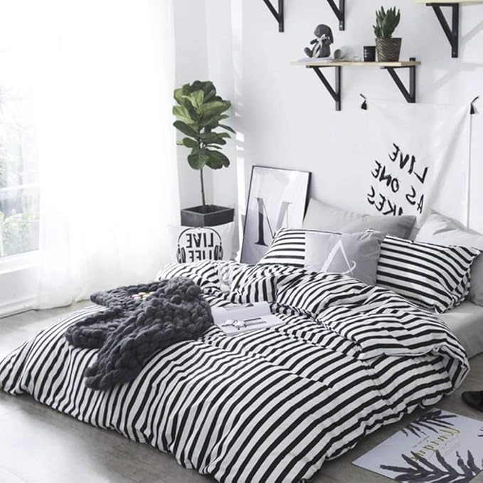 Luxlovery Black and White Comforter Set Queen Men Women Striped Bedding Set Full Farmhouse Ticking Stripes Bedding Blanket Geometric Lines Modern Comforter Set with 2 Pillowcases