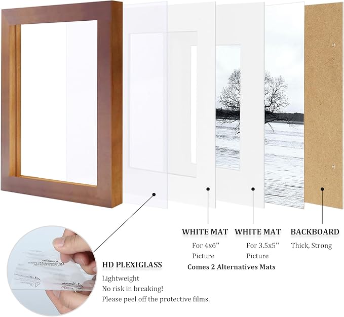 Egofine 5x7 Picture Frame Made of Solid Wood with Plexiglass, Display Pictures 3.5x5/4x6 with Mat or 5x7 Without Mat, for Table Top and Wall Mounting Photo Frame, Light Brown