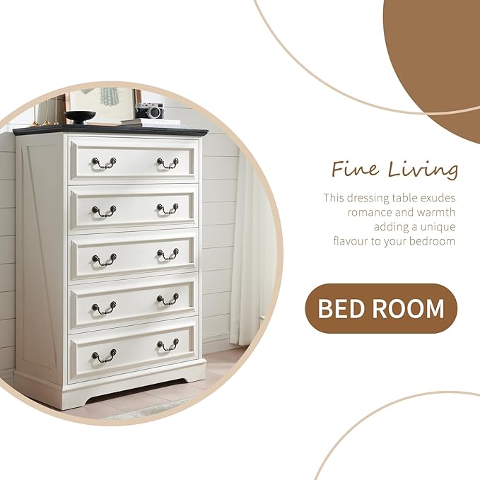 Farmhouse 5 Drawers Dresser for Bedroom, 46" Tall Modern Chest of Drawers with Metal Handle, Rustic Dresser TV Stand, Wood Drawer Organizer for Bedroom, Living Room, Hallway (White)