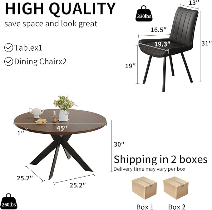 45.3" Walnut Round Dining Table Set with 2 Chairs – Mid-Century Modern Small-Space Kitchen & Dining Room Furniture for Apartment or Breakfast Nook (Walnut – Table + 2 Black Chairs)