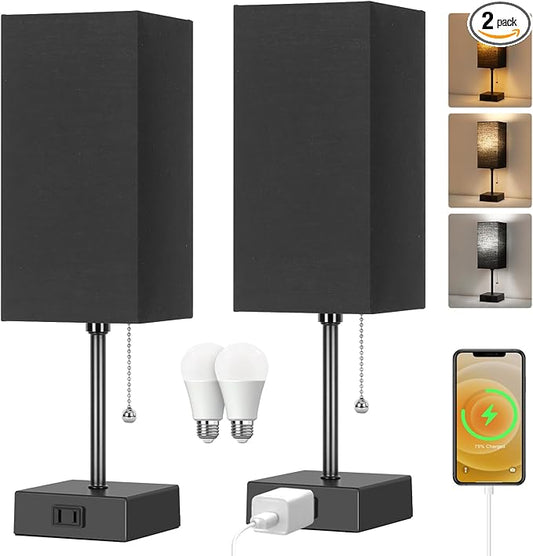 Table Lamp for Bedroom set of 2,3-Color Bedside Lamps with Pull Chain Table Lamps for Nightstand with AC Outlets, Night Light Lamps with 2 Bulbs Lamps for Living Room Kids Office Decor（Black）