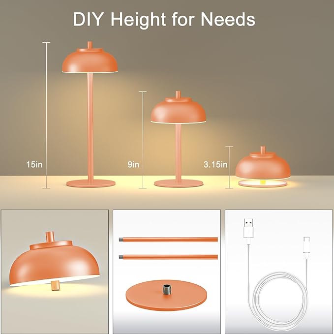 Orange Table Lamp Set of 2 Rechargeable,Table Lights Battery Operated-IP65 Waterproof-for Outdoor Patio/Restaurants/Home/Dinner/Table Lighting-Touch Control & Dimmable