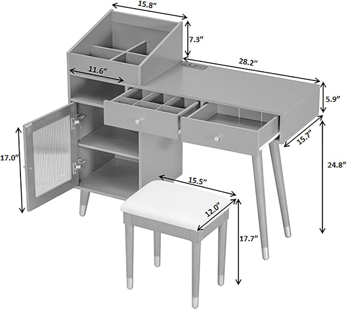 43.9" Modern Vanity Desk, Minimalist Makeup Vanity Table with Drawers, Cabinet & Chairging Port,Pu Leather Small Stool, Space-Saving Dressing Table Set for Bedroom Apartment