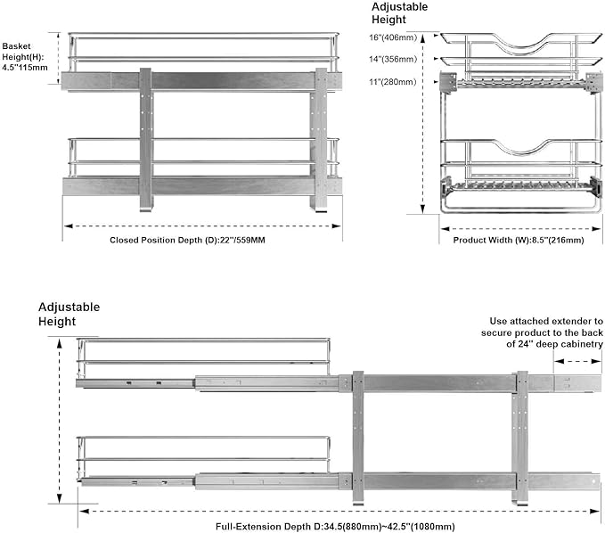2 Tier Pull Out Cabinet Organizer,(8½"W x 22" D) Soft Close Slide Out Drawer For Kitchen Base Cabinet, Individual Pull Out Shelf, Roll Out Pantry Organization, 22 Inch Deep