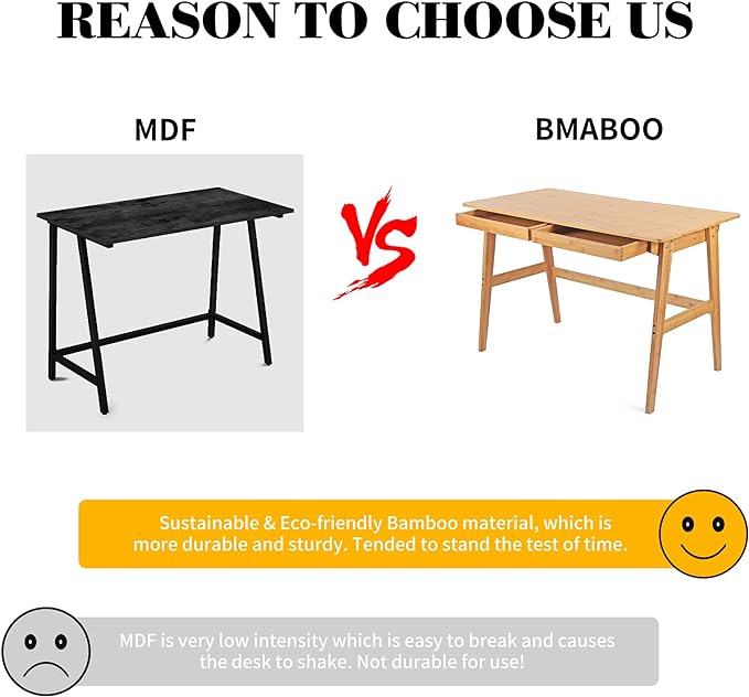 Nnewvante Writing Computer Desk 46" Bamboo Home Office Table with 2 Drawers, Modern Furniture Simple Study Makeup Workstation