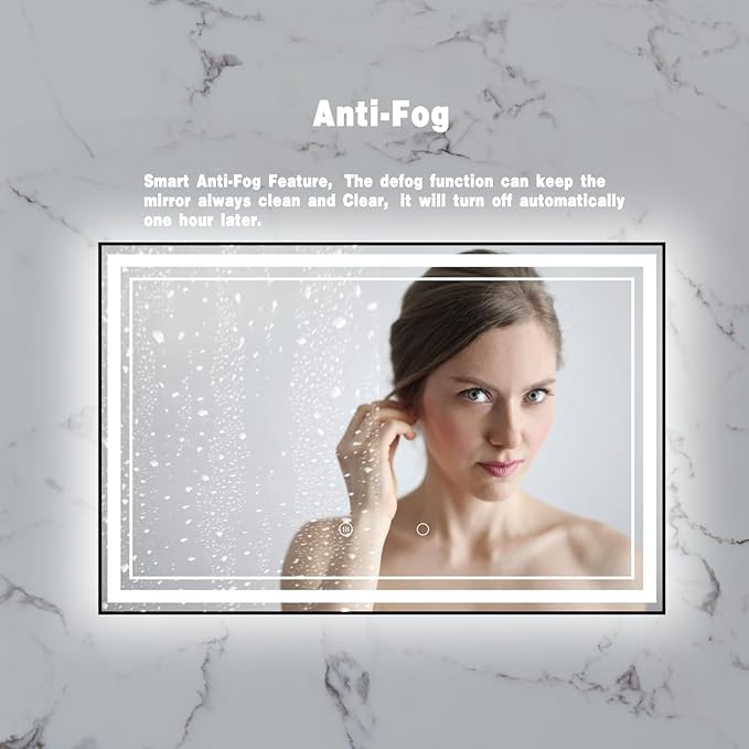 55" x 36" LED Bathroom Mirror with Lights Framed LED Mirror for Bathroom Backlit and Front Lighted Bathroom Mirror Black Square Aluminum Frame Anti-Fog Dimmable Adjustable Shatter-Proof